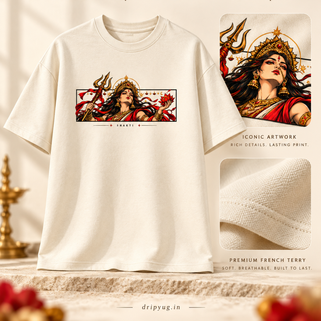 Shakti oversized cream French Terry T-shirt front view by DRIPYUG