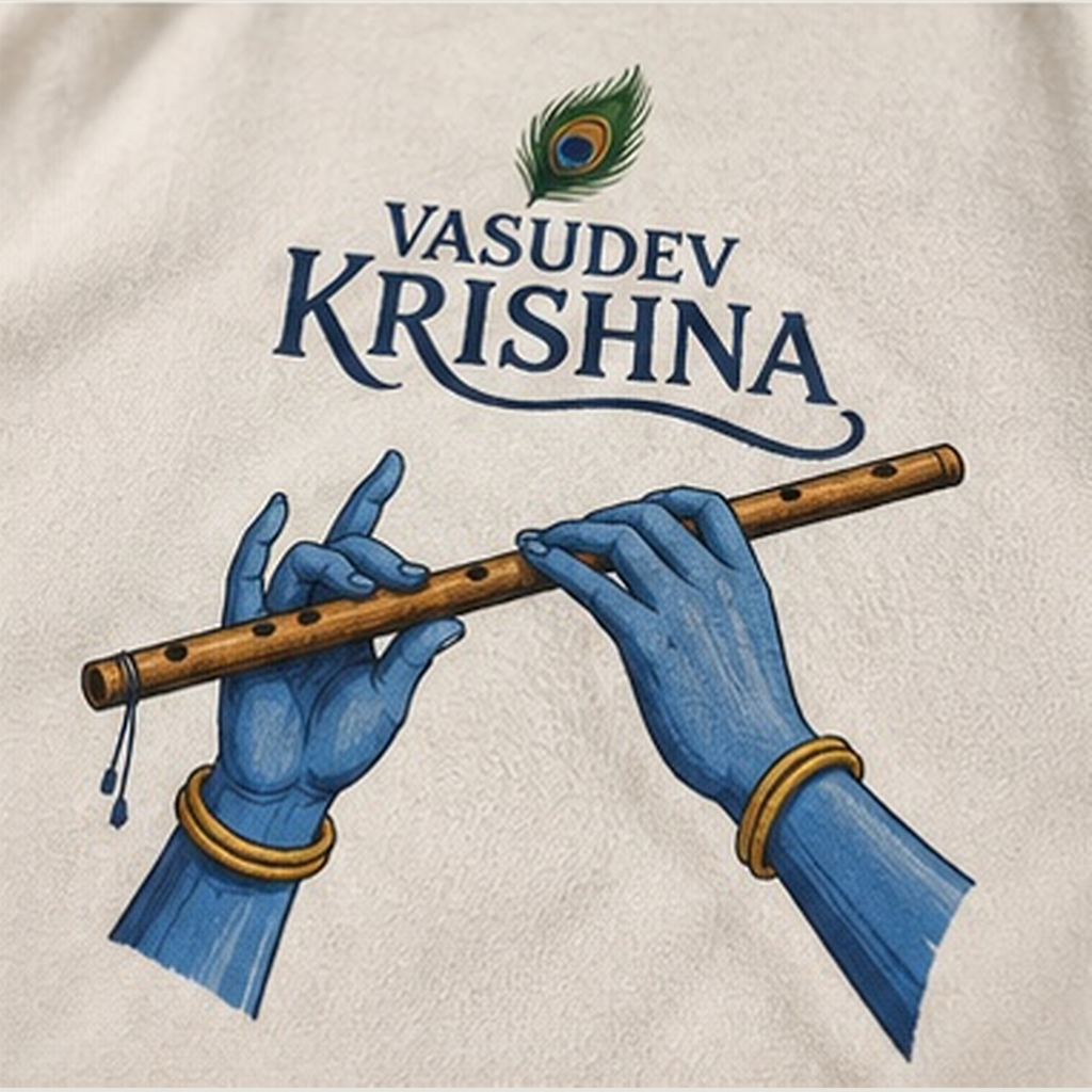 Close-up detail of the Vasudev Krishna DTF artwork by DRIPYUG