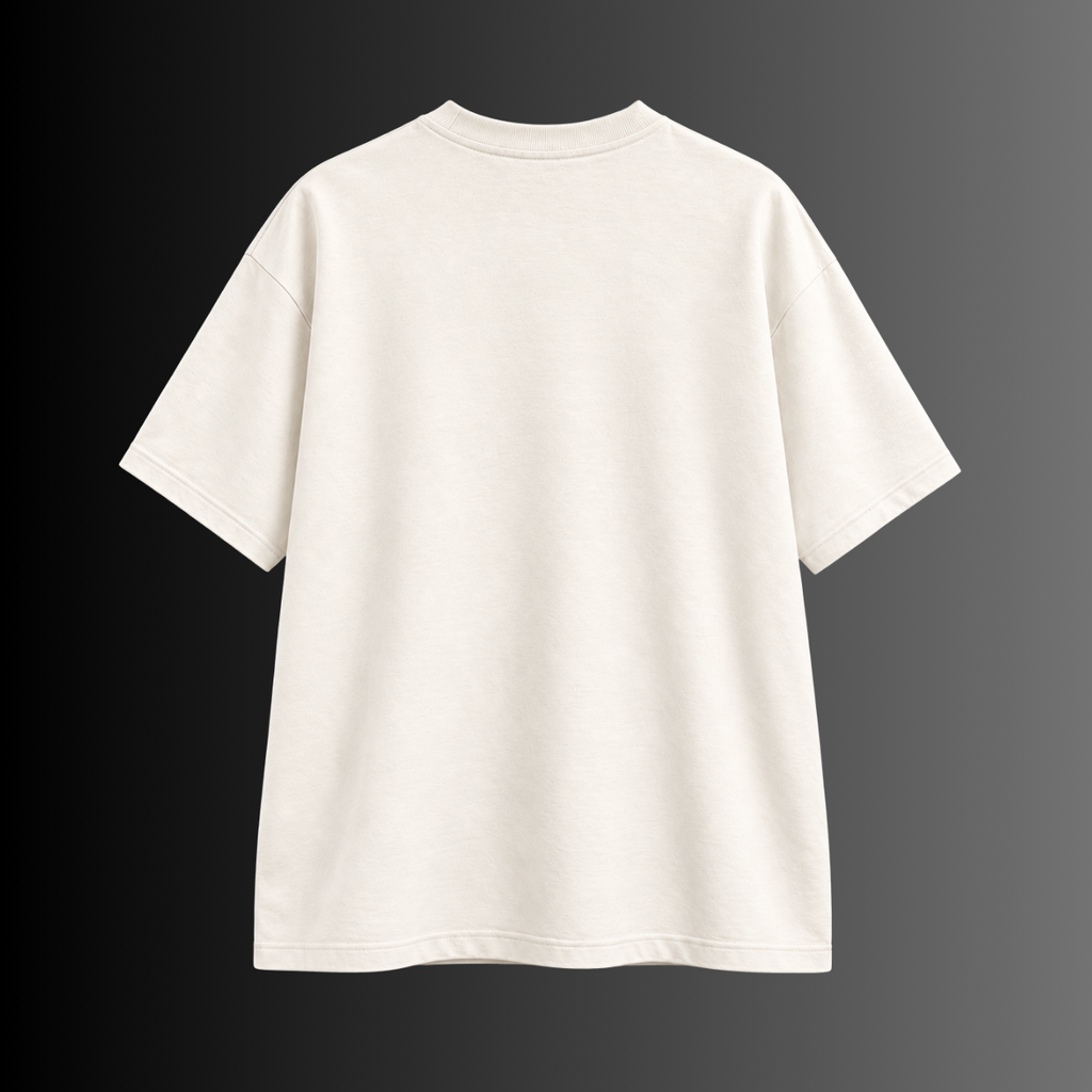 Model wearing the Shakti oversized cream T-shirt by DRIPYUG