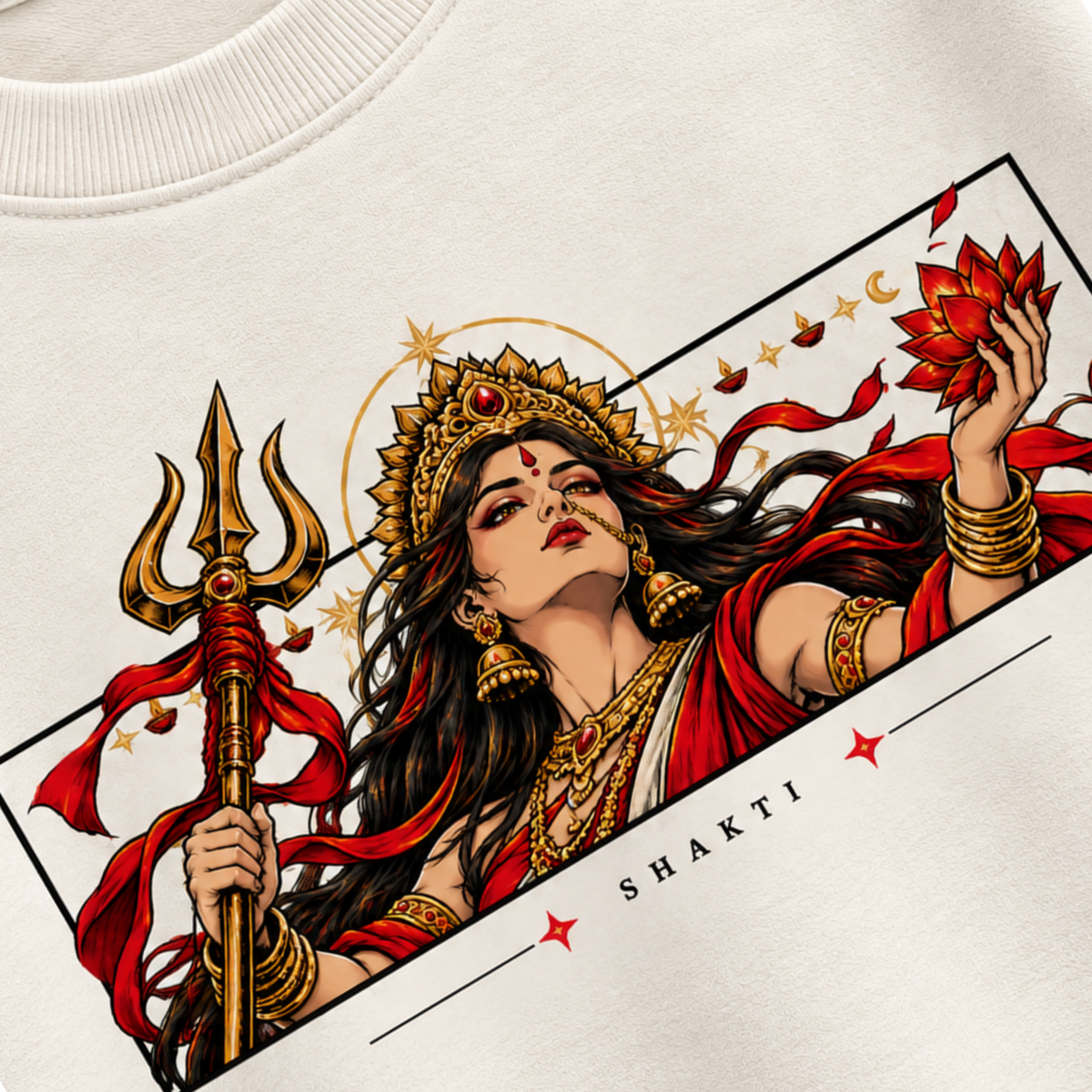 Close-up detail of the Shakti front print on cream French Terry T-shirt