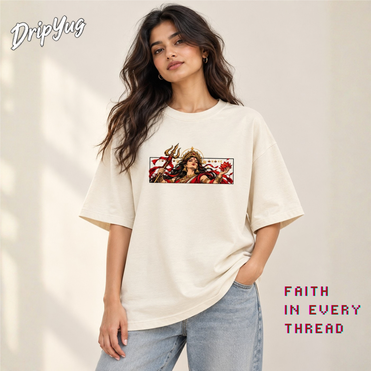Shakti oversized cream T-shirt detail shot by DRIPYUG